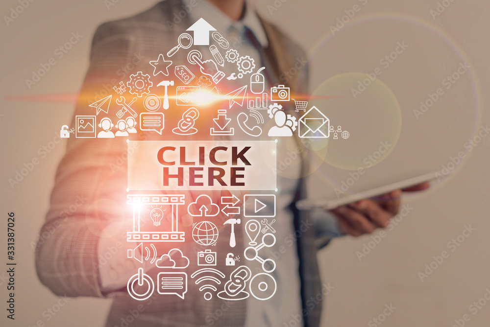 Poster text sign showing click here. business photo text carry out a computer operation by pressing a butto