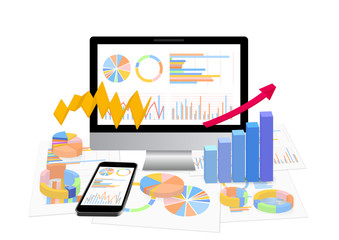 ノートパソコンとスマホとグラフ資料-3D立体白背景