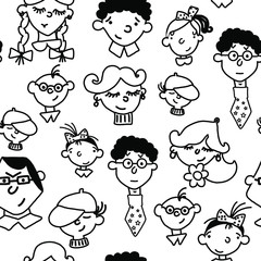Hand drawn vector cute doodle cartoon seamless pattern family faces black line on the white background