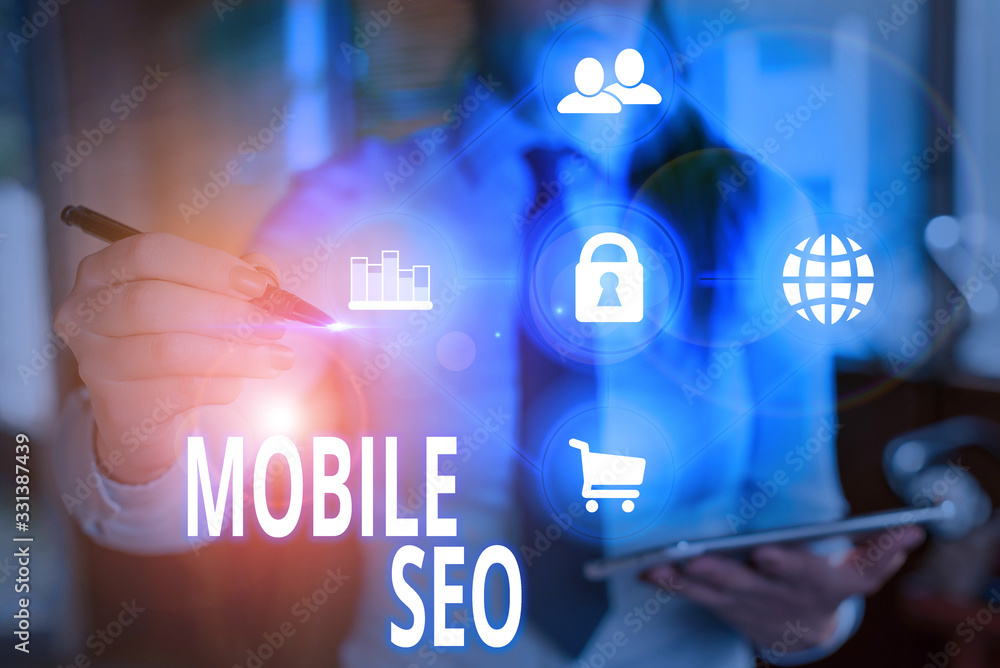 Poster text sign showing mobile seo. business photo showcasing process of optimizing a website to rank for 