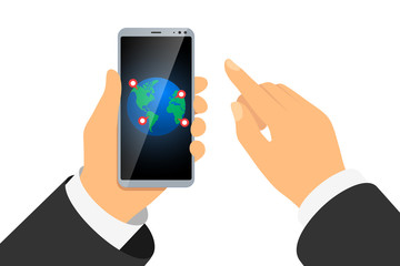 Hand holding smartphone with earth planet and gps location pin pointers on finger touching screen. Global online delivery or travelling service mobile navigation app concept. Vector eps illustration