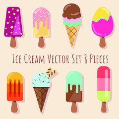 Ice Cream Vector Collection. Set of 8 different cones and popsicles with waffles and sprinkles. Ice cream icons. Menu concept. Cute flat illustrations.