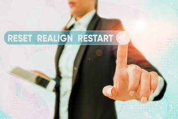 Writing note showing Reset Realign Restart. Business concept for Life audit will help you put...