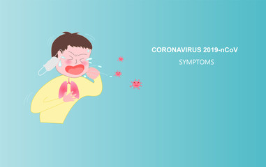 Coughing Cartoon Character of Coronavirus (Covid-19 or 2019-ncov).Symptoms and infected person.Wuhan Pathogen virus. Prevention against Virus and Infection Concept.Cartoon cute Vector Illustration.