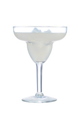 Daiquiri cocktail with ice cubes is contained in a margarita glass. The showy illustrative picture is made on the white background.