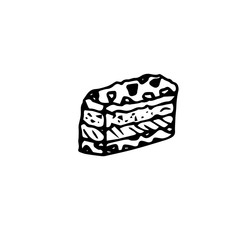 Hand drawn piece of biscuit cake with cream. Doodle vector illustration.