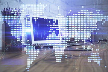 Double exposure of business theme icons and work space with computer background. Concept of success.