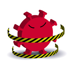 evil virus and biohazard sign with quarantine zone ribbons in cartoon style. Graphic vector illustration on white background