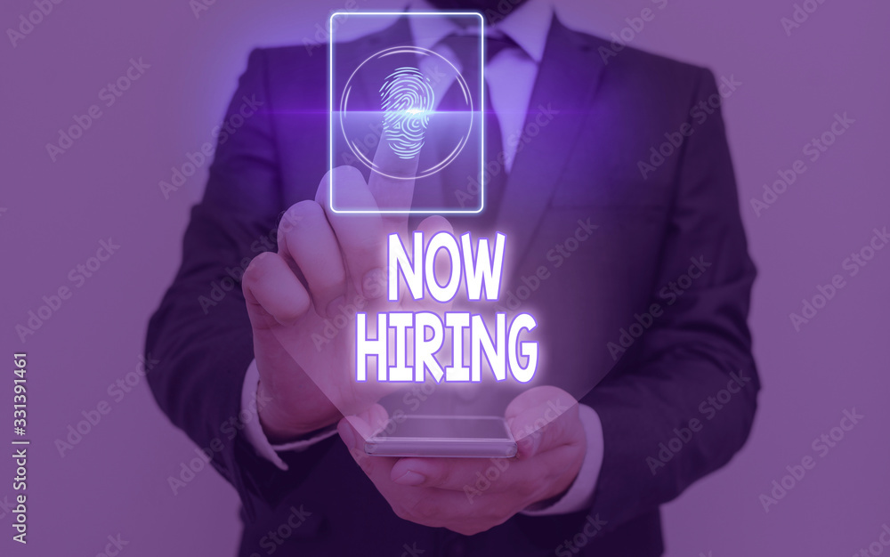 Poster writing note showing now hiring. business concept for finding evaluating working relationship with f