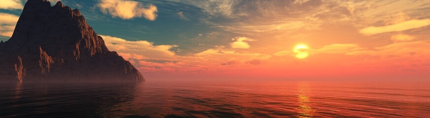 Naklejka na ściany i meble Beautiful sea sunset near the rocks, panorama of the sea landscape at sunrise. 3d rendering.