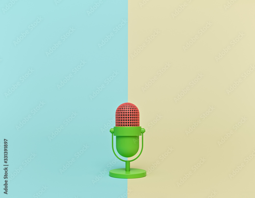 Poster retro microphone isolated on pastel abstract background. minimal style. copy space. 3d rendering
