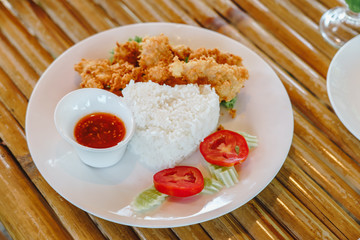 Delicious rice and fried chicken Thai gourmet  Asian food style .