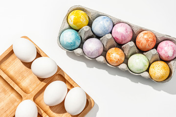 Easter eggs on a white surface. Top view.