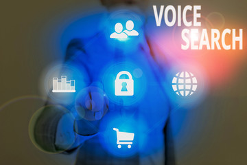 Writing note showing Voice Search. Business concept for allows the user to use a voice command to...