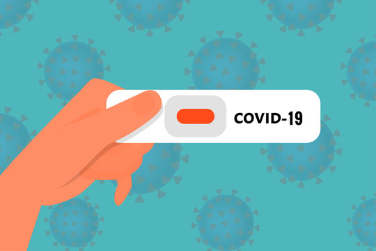 Human hand holds Test for coronavirus 2019. On blue gradient background, flat vector illustration
