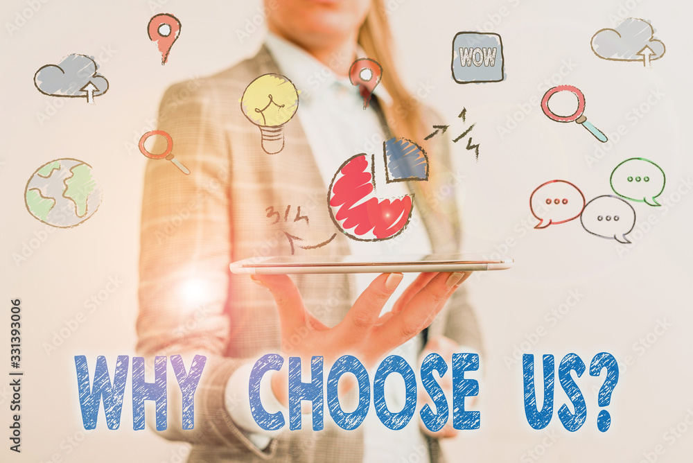 Poster word writing text why choose us question. business photo showcasing list of advantages and disadvant