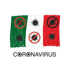 ''Corona virus'' text with Italy flag made of doodle vector. Corona virus infection vector banner background. Virus corona virus microbe vector. Corona virus sign disense outbreak background