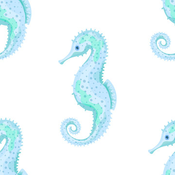 Sea Horse. Seamless pattern with the image of fish and the underwater world. Imitation of watercolor. Isolated illustration
