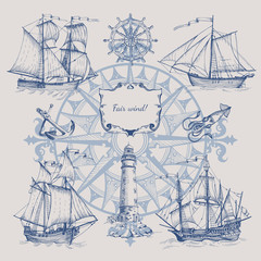 Set of decorative elements for the design of an old geographical map. Ancient caravel, sea monsters, anchor, ship's wheel, compass-meter, wind rose, framework for inscriptions, cartouche.
