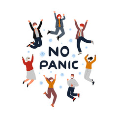 Whole world battles Coronavirus outbreak. Human pandemic. Coronavirus 2019-nC0V Outbreak. Card with people in masks and text No panic