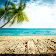 Fototapeta premium Desk of free space and beach landscape 