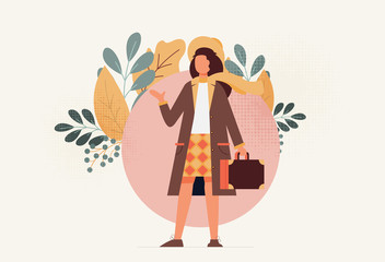 Young girl travel with baggage flat vector illustration