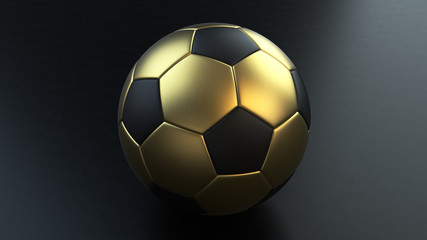 Fototapeta na wymiar 3d render of a leather soccer ball with a golden pentagon on the black background.