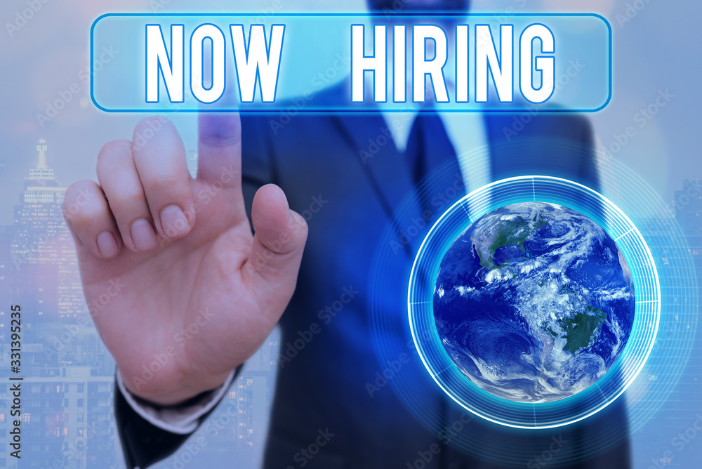 Poster writing note showing now hiring. business concept for finding evaluating working relationship with f
