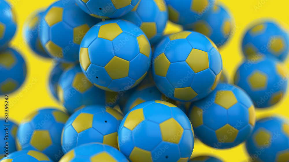 Aufkleber 3d render of colorful soccer balls background with depth of field.