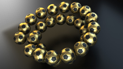 3d render of gold and leather soccer balls background with depth of field.
