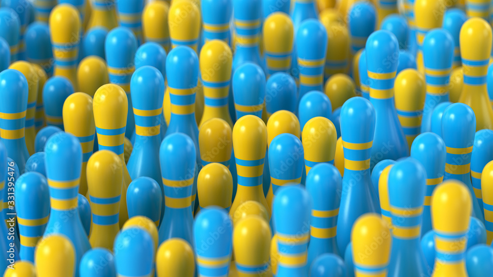 Poster 3d render of a group blue and yellow bowling skittles with a depth of field.