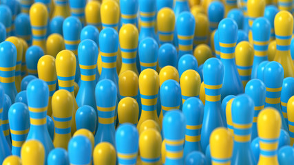 Obraz premium 3d render of a group blue and yellow bowling skittles with a depth of field.