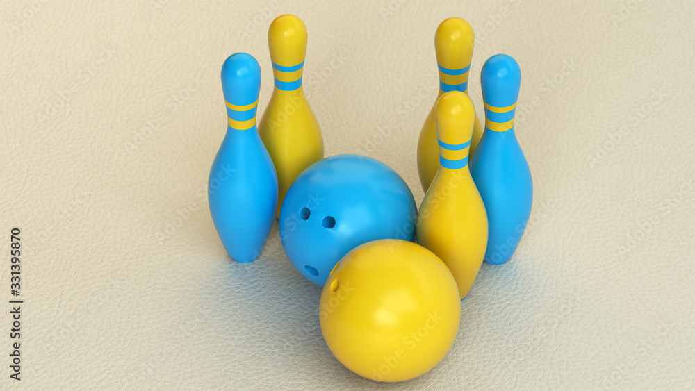 Poster 3d rendering of two colorful bowling balls and five skittles isolated on a leather background.