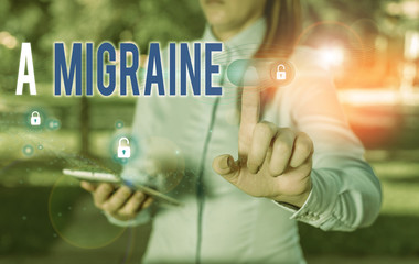Word writing text A Migraine. Business photo showcasing recurrent throbbing headache that affects...