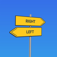 Yellow road signs with 'left/right' text on a pole, vector illustration