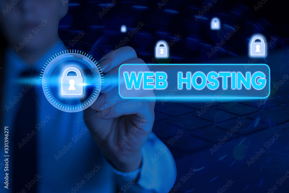Poster writing note showing web hosting. business concept for business of providing storage space and acces