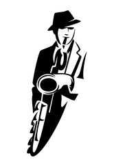 man playing saxophone - jazz musician wearing hat black and white vector portrait