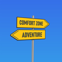 Fototapeta premium Yellow road signs with 'COMFORT ZONE/ADVENTURE' text on a pole, vector illustration