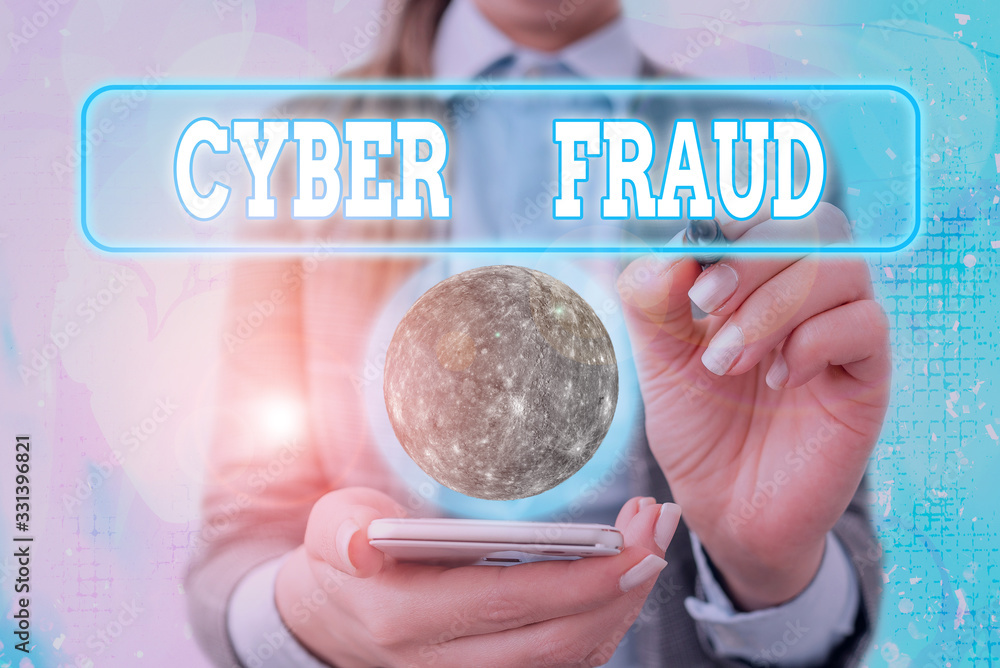 Poster text sign showing cyber fraud. business photo text any crime that is committed with the use of a com