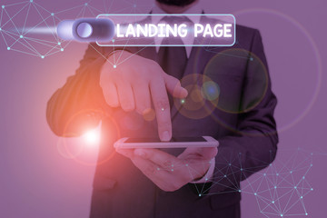 Writing note showing Landing Page. Business concept for Web page that a user arrives at after...
