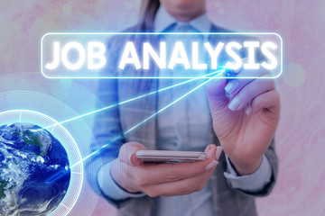 Text sign showing Job Analysis. Business photo text process used to collect information about the scope and duties Elements of this image furnished by NASA