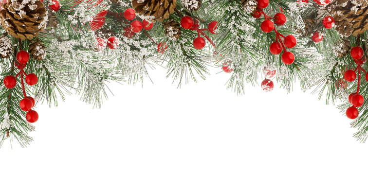 Christmas border of green fir branches with snow, red berries and cones isolated on white background