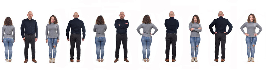 front and back of  full portrait of a couple on white,