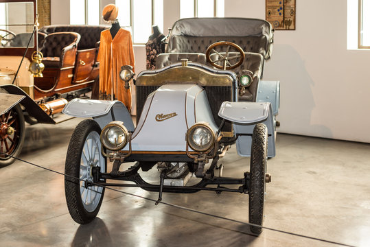 Malaga, Spain - December 7, 2016: Vintage Antique 1908 Charron France car displayed at Malaga Automobile Museum (Museo Automovilistico de Malaga) in Spain.