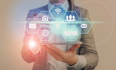 Writing note showing Hr Solutions. Business concept for all the technology businesses use to manage...