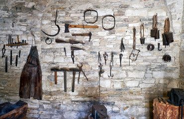 The wall exhibition of blacksmith craft work. Pano Lefkara village. Cyprus
