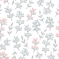 Fototapeta na wymiar Decorative hand drawn berries seamless pattern with leaves branches for print, textile, wallpaper. Trendy botanical background.