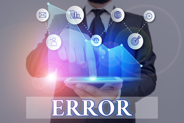 Word writing text Error. Business photo showcasing state or condition of being wrong in conduct...