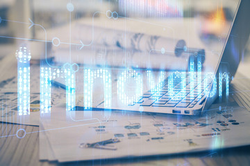 Double exposure of computer and technology theme hud. Concept of innovation.
