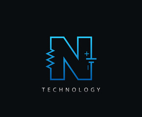 Electric N Letter Icon Design With Electrical Engineering Component Symbol.